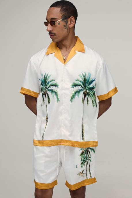 Oversized Half Sleeve Location Print Satin Shirt & Short Set - Image 2