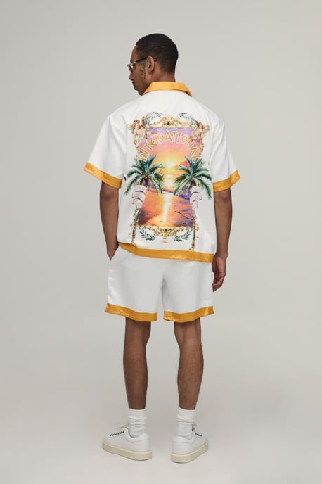 Oversized Half Sleeve Location Print Satin Shirt & Short Set - Image 3