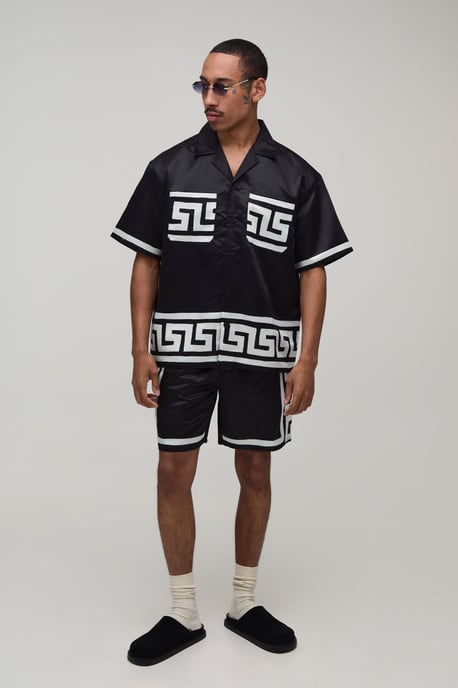Oversized Short Sleeve Abstract Boarder Print Satin Shirt & Short Set - Image 4