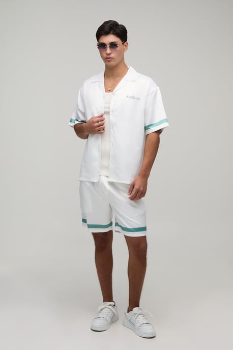 Oversized Half Sleeve Boarder Print Satin Shirt & Short Set - Image 4