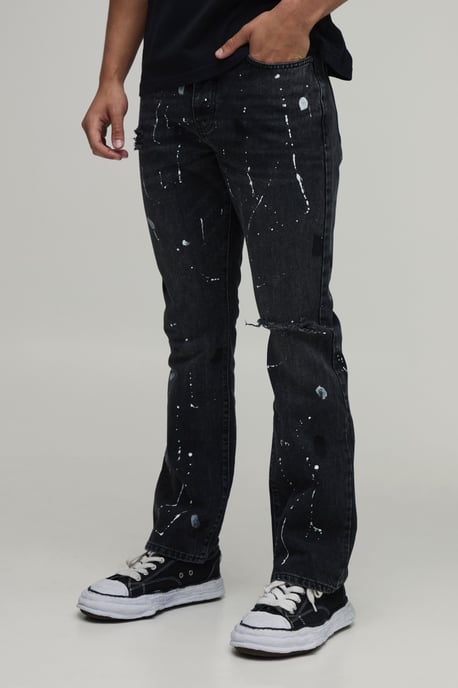 Ripped Knee Paint Splatter Flared Jeans - Image 1