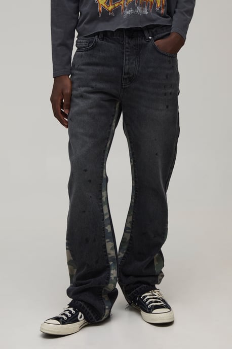 Washed Camo Gusset Stacked Flared Jeans - Image 1