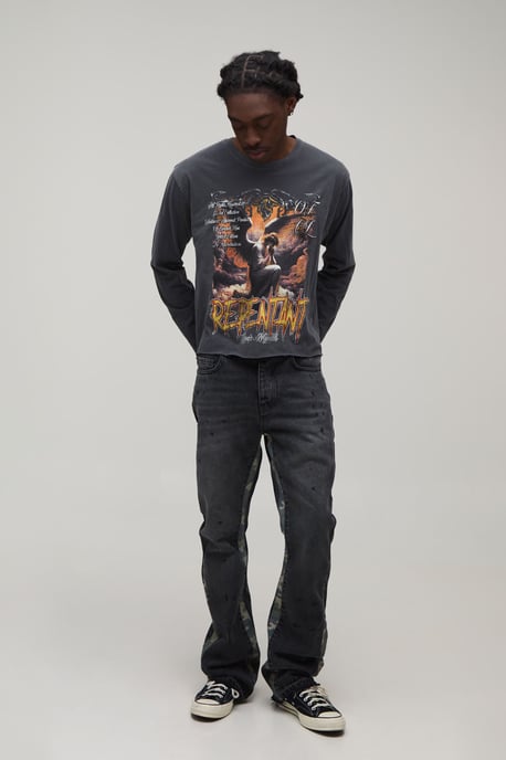Washed Camo Gusset Stacked Flared Jeans - Image 4