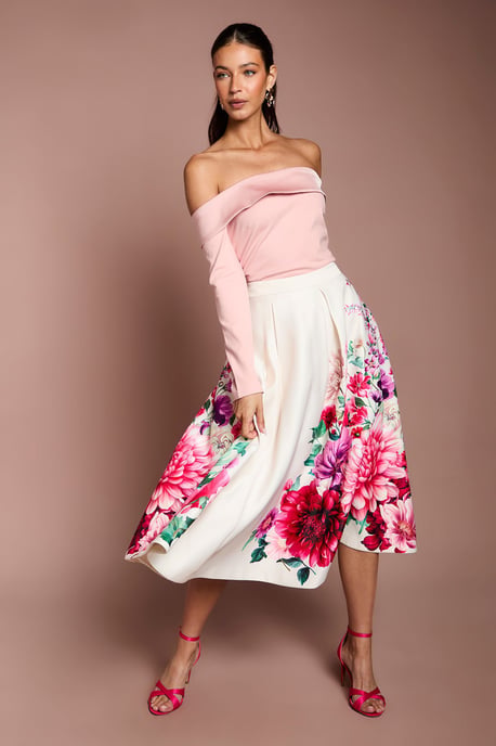 Satin Midi Skirt With Placement Print - Image 1