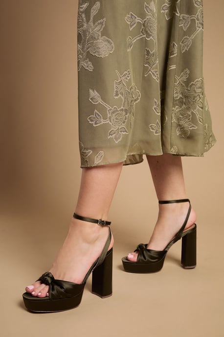 Melody Olive Satin Knotted Platform High Block Heel Sandals - Image 1