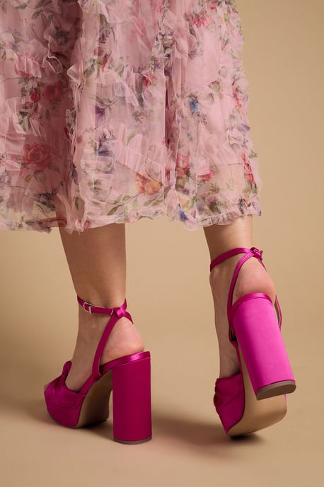 Melody Lipstick Pink Satin Knotted Platform High Block Heel Sandals - Image 3