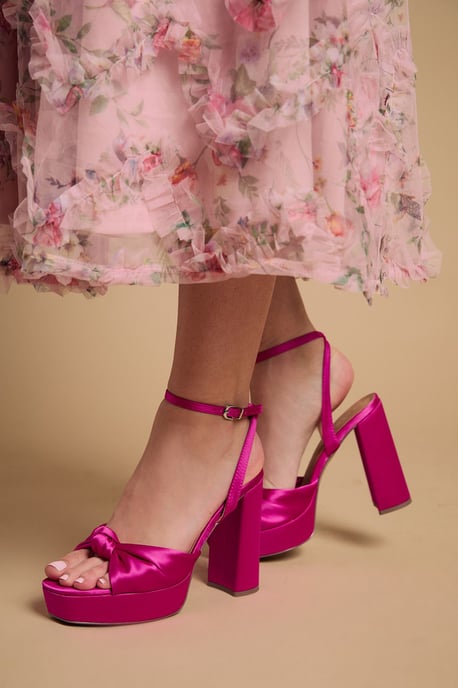 Melody Lipstick Pink Satin Knotted Platform High Block Heel Sandals - Image 4