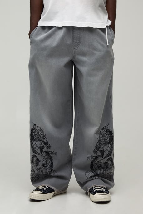 Dragon Embroidered Elasticated Waist Super Baggy Fit Jeans - Image 1