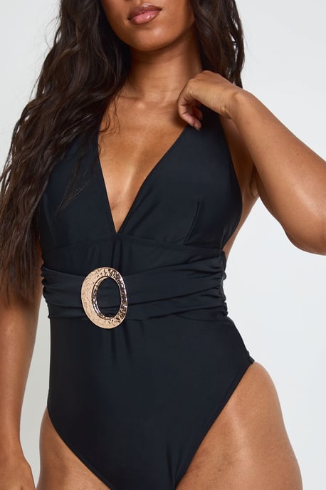 Gold Trim Detail Plunge Wrap Waist Swimsuit - Image 4