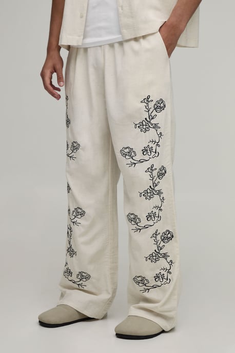 Wide Leg Linen Blend Embroidered Seam Trousers - Image 1