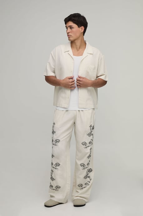 Wide Leg Linen Blend Embroidered Seam Trousers - Image 4