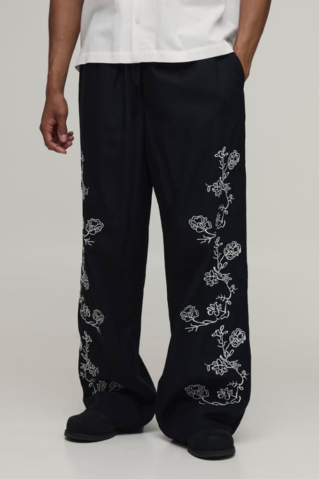 Wide Leg Linen Blend Embroidered Seam Trousers - Image 1