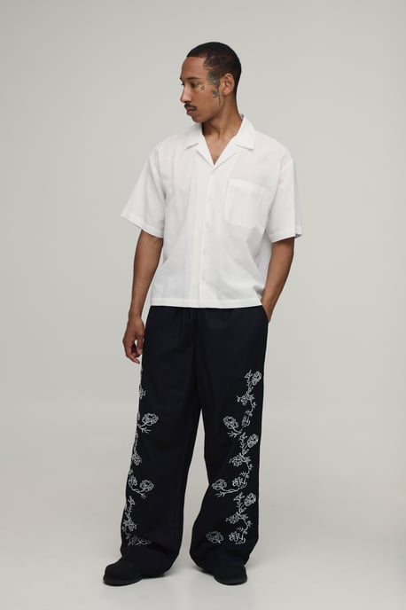Wide Leg Linen Blend Embroidered Seam Trousers - Image 4