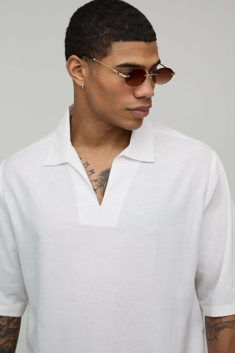 Linen Blend Boxy V Neck Polo - Image 3