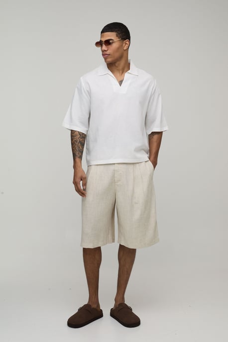 Linen Blend Boxy V Neck Polo - Image 4