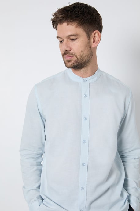 Light Blue Linen Blend Grandad Collar Shirt - Image 4