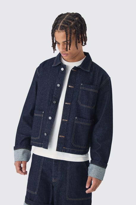 Boxy Fit Turn Up Denim Jacket In Indigo - Image 1