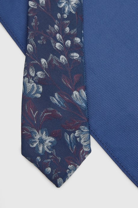 Navy Multi Floral Tie and Plain Pocket Square - Image 2