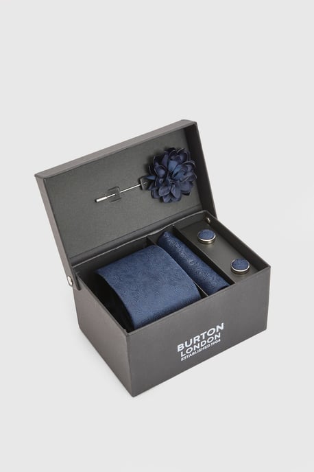 Navy Plain Tie, Pocket Square with Lapel Pin and Cufflink Box Set - Image 3