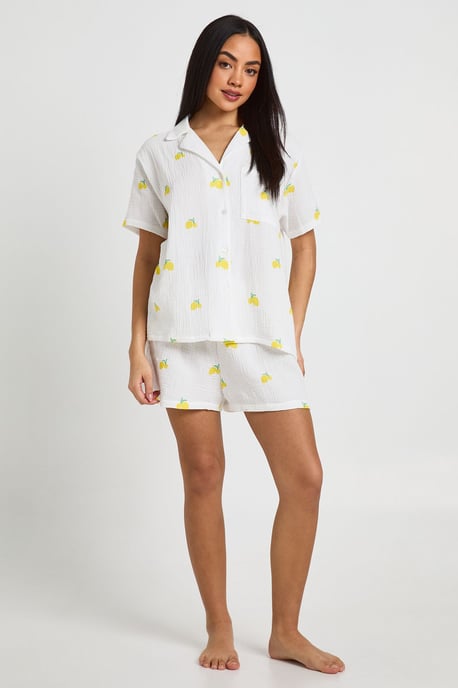 Cotton Lemon Print Short Sleeve Shirt & Short Pyjama Set - Image 3