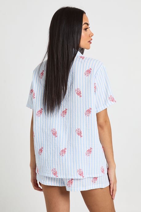 Cotton Stripe Lobster Print Short Sleeve Shirt & Short Pyjama Set - Image 2