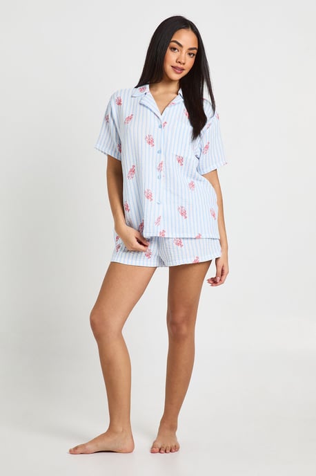 Cotton Stripe Lobster Print Short Sleeve Shirt & Short Pyjama Set - Image 3