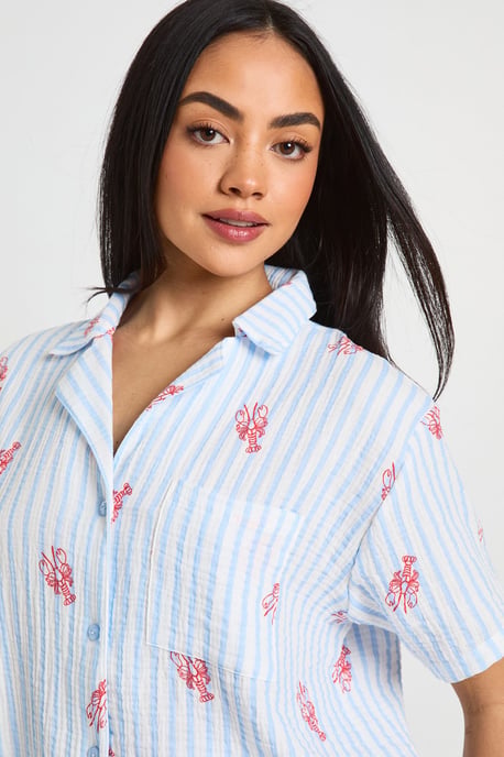Cotton Stripe Lobster Print Short Sleeve Shirt & Short Pyjama Set - Image 4
