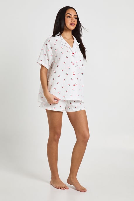 Cotton Cherry Print Textured Short Sleeve Shirt & Short Pyjama Set - Image 3