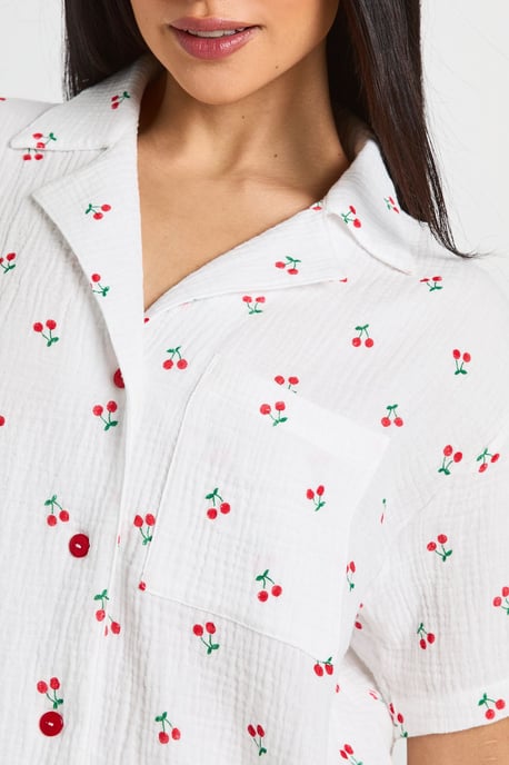 Cotton Cherry Print Textured Short Sleeve Shirt & Short Pyjama Set - Image 4