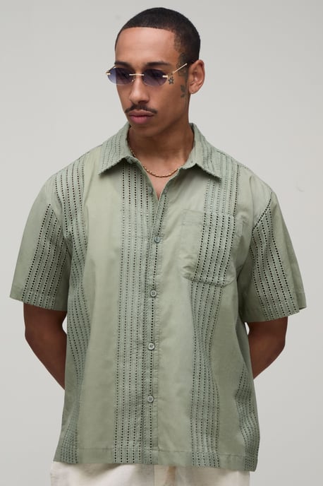 Oversized Embroidered Stripe Short Sleeve Shirt - Image 1