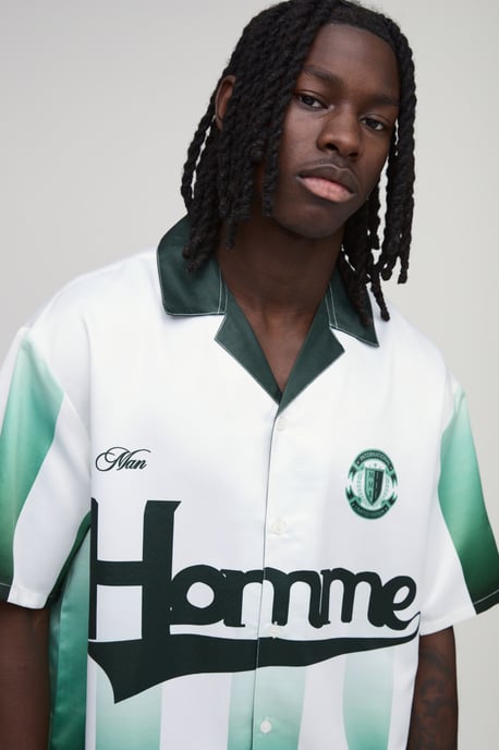 Oversized Half Sleeve Homme Sports Print Satin Shirt - Image 3