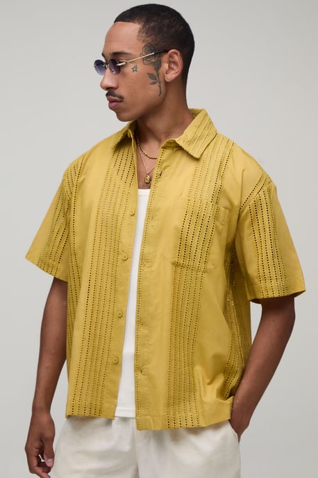 Oversized Embroidered Stripe Short Sleeve Shirt - Image 1