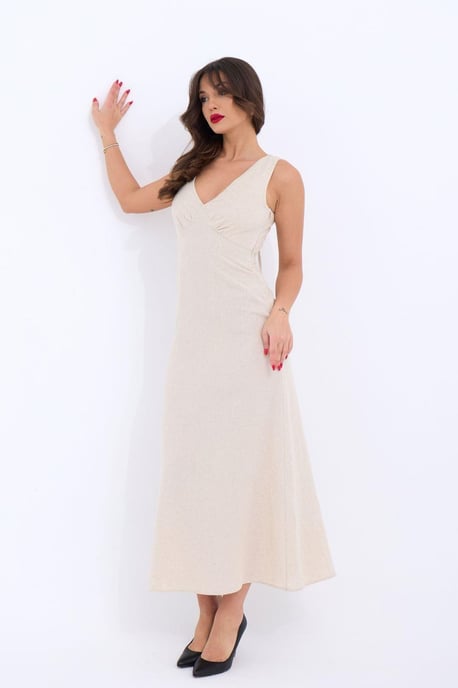 V-hals Mouwloze Midi-jurk met Drapering Detail - Image 3