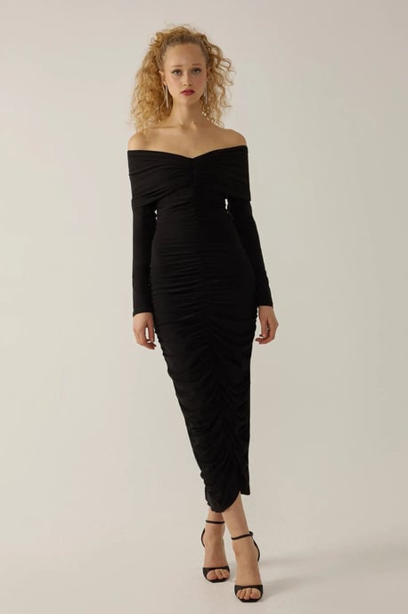 Avskuren axel draperad bodycon maxiklänning - Image 2
