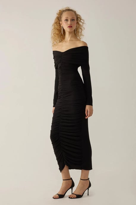 Avskuren axel draperad bodycon maxiklänning - Image 3