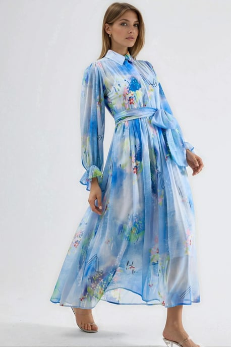 Abstract Pattern Maxi Shirt Dress with Belt - Image 2