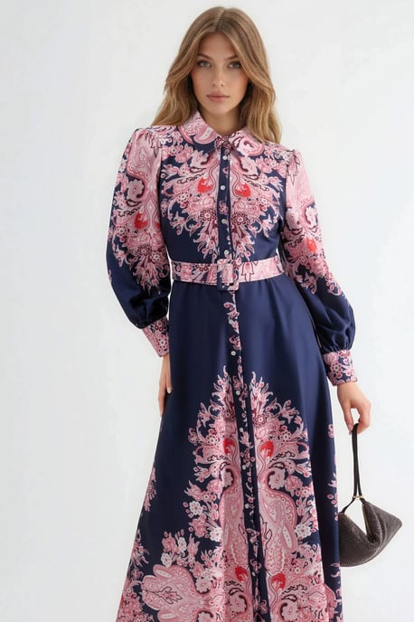 Gemarmerde Maxi-jurk met Riem en Paisley Print - Image 1