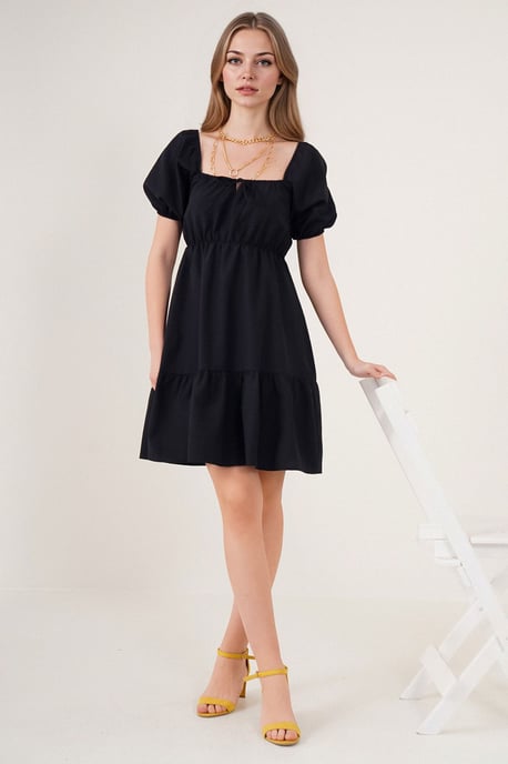 Vierkante Hals A-Form Mini Jurk met Strik - Image 3