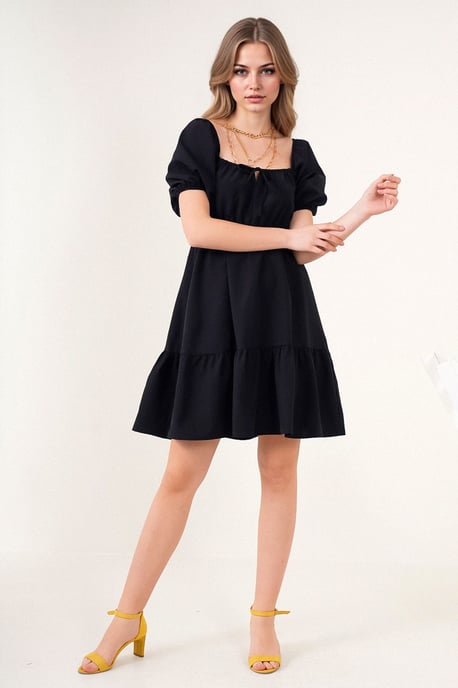 Vierkante Hals A-Form Mini Jurk met Strik - Image 4