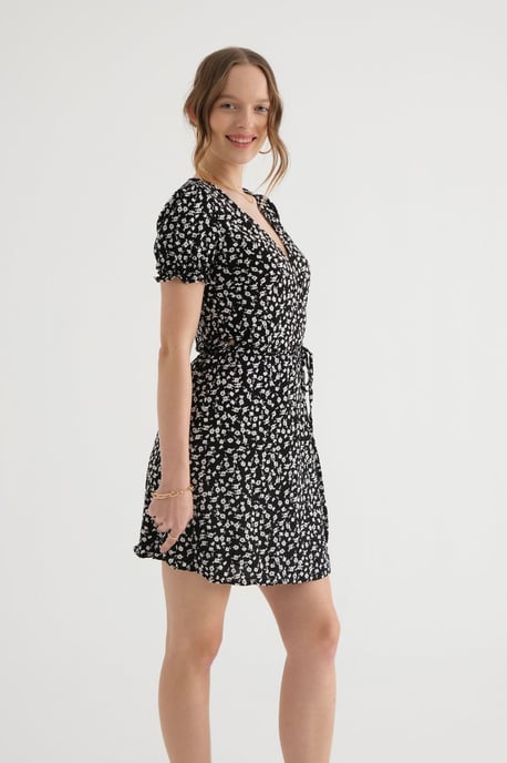 Floral Surplice Neck Puff Sleeves Mini Dress with a Drawstring - Image 2