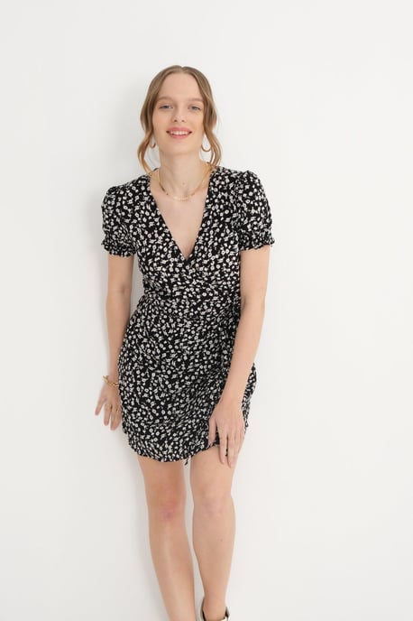 Floral Surplice Neck Puff Sleeves Mini Dress with a Drawstring - Image 3
