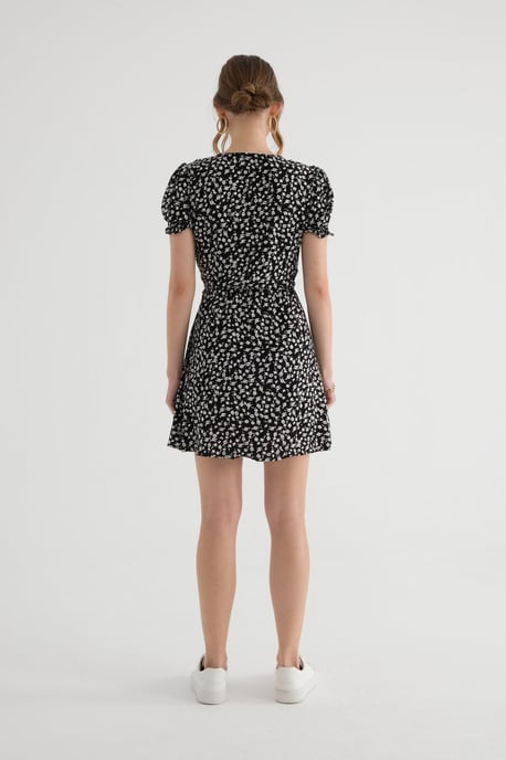 Floral Surplice Neck Puff Sleeves Mini Dress with a Drawstring - Image 4