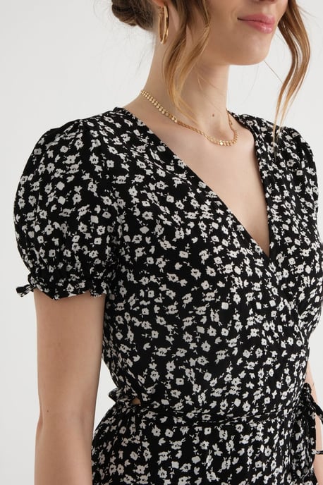 Floral Surplice Neck Puff Sleeves Mini Dress with a Drawstring - Image 5