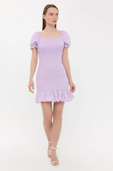 Ribbed Ruffled Square Neck Mini Dress with Balloon Sleeves - Image 2