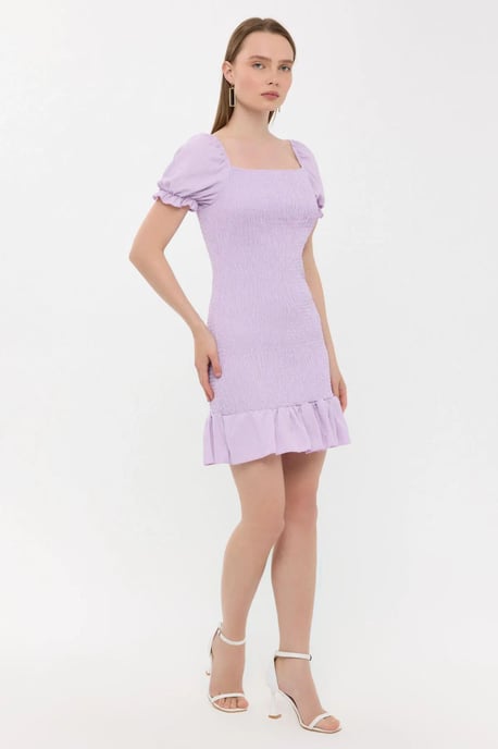Ribbed Ruffled Square Neck Mini Dress with Balloon Sleeves - Image 3