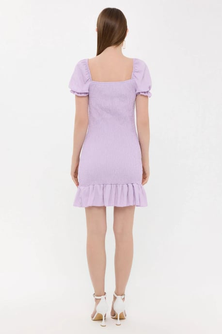 Ribbed Ruffled Square Neck Mini Dress with Balloon Sleeves - Image 4