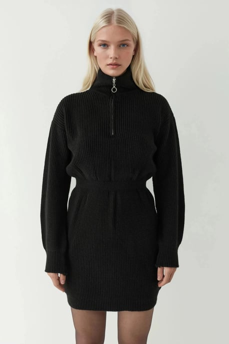 Taille-zittende geribbelde mini gebreide jurk met ritskraag - Image 4