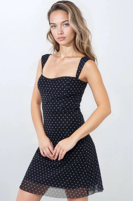 Polka Dot Sleeveless Mini Tulle Dress with Square Neckline - Image 5
