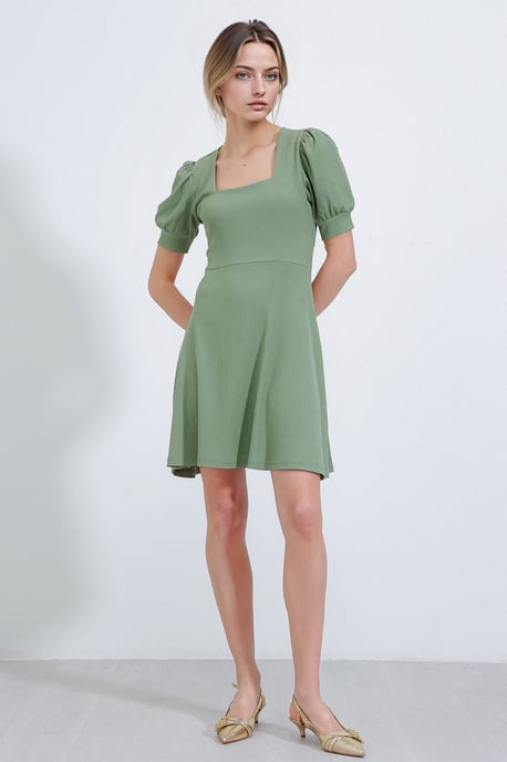 Textured Square Collar Mini Knit Dress - Image 3