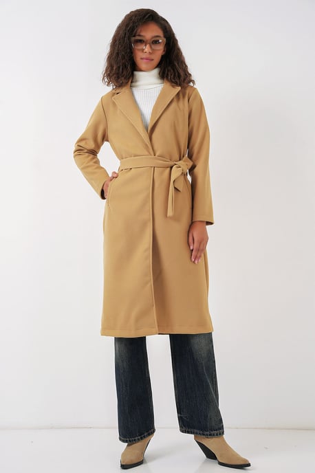 Double Breasted Tie Closure Textured Coat - Image 2